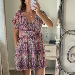 Knox Rose Pink Paisley V-Neck Tiered Mini Dress
